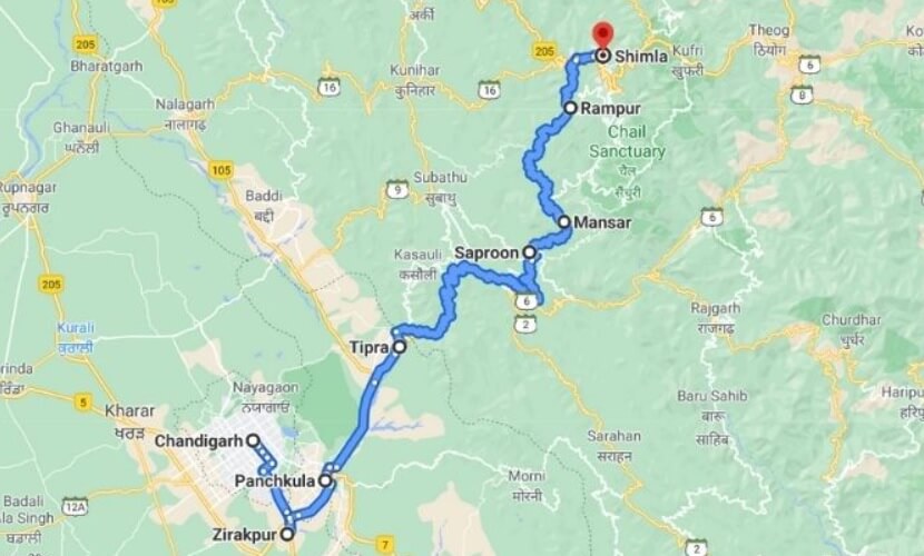 Chandigarh to Shimla Distance Via NH7 and NH5